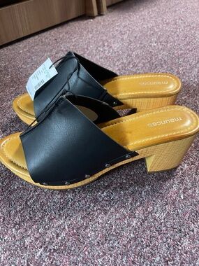 Maurices Black Leather Slide Mules with Tan Wood-Look Heel